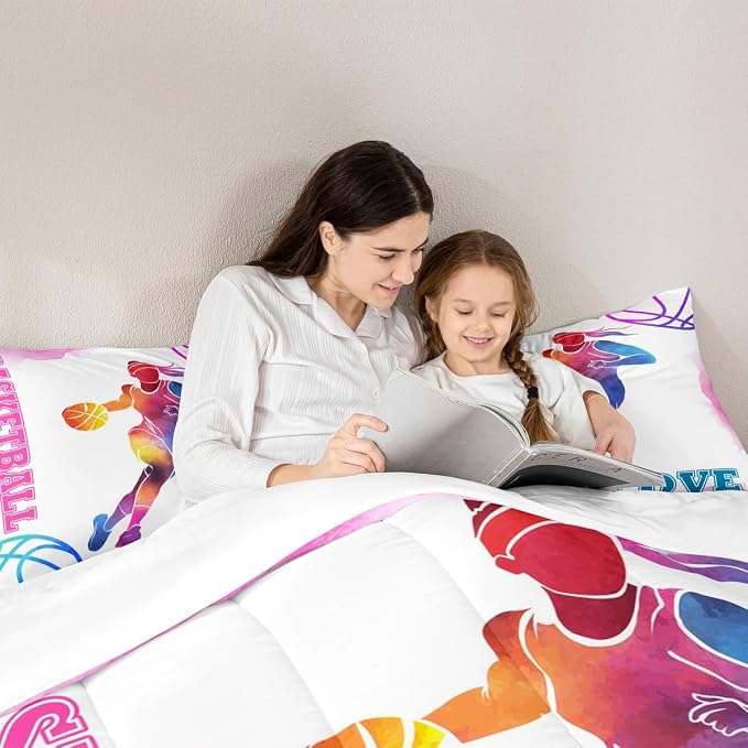 Basketball Lovers Kids Comforter Set Queen Size,Modern Sports Games Competition Bedding Set,Girls Boys Adults Room Decor,Hand Painted Fashion Down Comforter,Pink Purple Duvet Insert,2 Pillowcases - Image 2