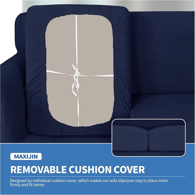MAXIJIN 2 Piece Chair Covers Chair Slipcover with Arms, Sofa Chair Cover for Living Room Armchair Cover, Stretch Pet Dog Slip Cover for A Chair with 1 Cushion (31"-46", Navy Blue) - Image 5