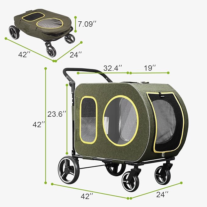 2025 Upgraded Dog Stroller for Large & Medium Dogs，Pet Stroller for 2 Small Dogs, Foldable Jogger Wagon with Detachable Carrier for Car Seat, Adjustable Handle, Up to 90 lbs, Green