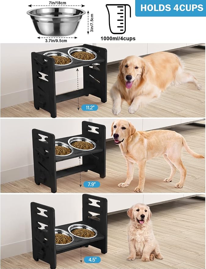Vantic Elevated Dog Bowls, Raised Dog Bowl Stand Adjustable Medium, Black | Bamboo Elevated Feeder with 2 Stainless Steel Bowls, Adjustable Height Stand for Medium Dogs - Image 2