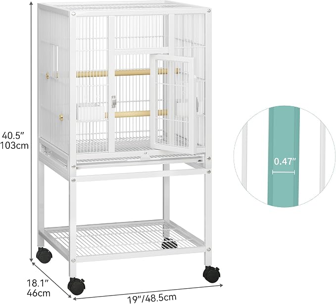 YITAHOME 41 inches Metal Bird Cage for Parakeets: Large Parrot Cages with Tray, Food Boxes, and Wooden Perches with Rolling Stand & Brakes for Lovebirds Cockatiels Pigeon Finches, White - Image 2