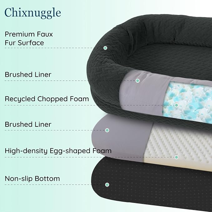 ChiXnuggle Orthopedic Human Dog Bed,with Faux Fur Washable Cover,Blanket | dark grey,72*40*10,giant dog bed for adult or extra large dogs,egg crate foam,non-slip bottom - Image 3
