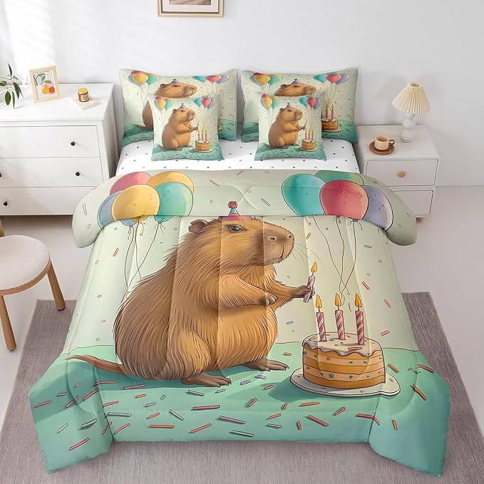 Erosebridal Cute Beaver King Size Comforter Set with Sheets, Wild Animal Bed in A Bag for Kids Teens Youth Adults Bedroom, Wildlife 7 Pcs Bedding Set, Happy Birthday Cake Candle Balloon Bed Sets - Image 3