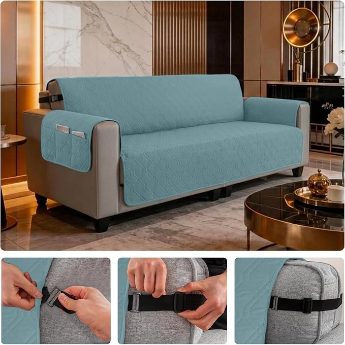 100% Waterproof Quilted Couch Cover,Straps&Pockets,78" Grayishblue | Washable sofa cover, pet-friendly, scratch-resistant furniture protector, quilted sofa cover, reversible, non-slip backing. - Image 6