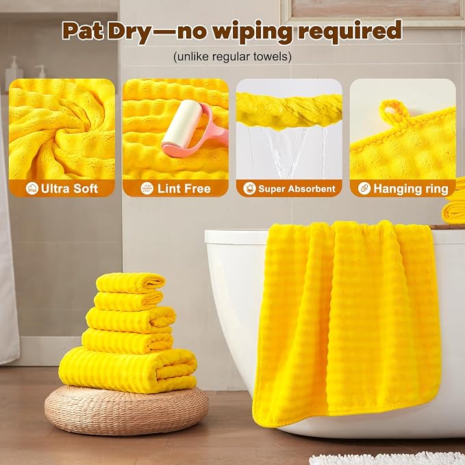 COZYART Lint Free 8 Pcs Bathroom Towels Set Ultra Soft Microfiber Yellow | Ultra Fluffy, Thick, Highly Absorbent, Fast Dry, No Shedding, No Pilling, Fade Resistant, Durable, Long-lasting - Image 4