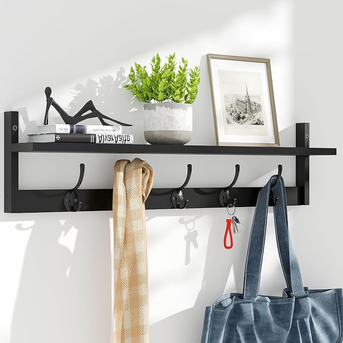 BAMEOS Wall-Mounted Shelf with Hooks - 28.9 Inch Entryway Hanging Shelf with 5 Dual Hooks for Bathroom, Living Room, Bedroom (Black) by BAMEOS