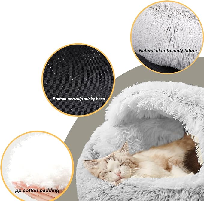 YUDANSI Cat Bed Hooded for Indoor Cats, Dog Bed with Large Covered Hood for Small Dogs Cats Puppy Kitty, Anti Anxiety Donut Cuddler, Anti Slip Plush Faux Fur Enclosed Pet Nest (Washable)(Gray-20inch) - Image 4