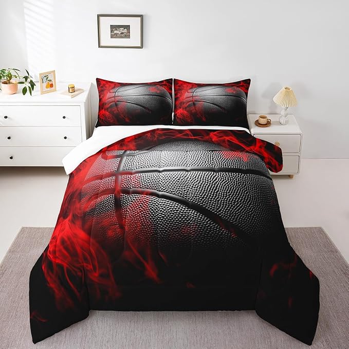 Homewish Basketball Comforter Set King Size Black Basketball Print Bedding Set 3pcs for Kids Boys Girls Teens Adults Gamer Bedroom Decor,Ball Gaming Sports Theme Duvet Insert with 2 Pillowcases by Homewish