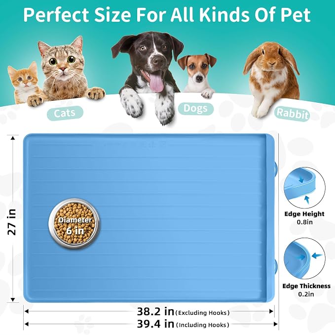 Pet Mats for Food and Water - 39.4" x 27" Thickened Large Dog Food Mat | Waterproof Pet Bowl Mat with Residue Collection Pocket and High Edges to Prevent Water and Food Spills - Blue - Image 2