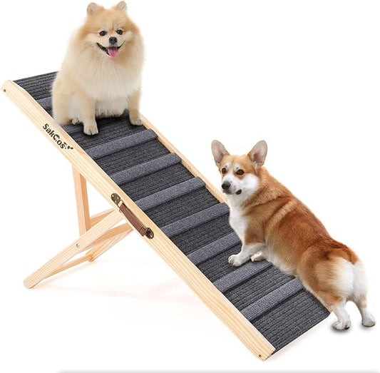 Dog Ramp for Bed Wooden Dog Ramps for High Beds Adjustable Dog Ramp for Car Portable Pet Ramps for Large Dogs Get on Bed and Couch Folding Dog Bed Ramp, Non-Slip Carpet Surface 5 Levels,250lbs