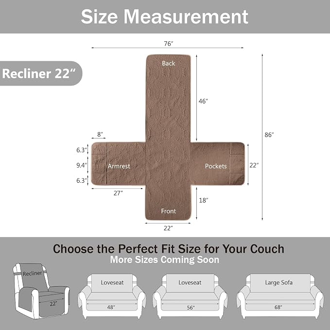 Toffee Quilted Recliner Covers, Waterproof Recliner Chair Covers, Lazy Boy Chair Covers, Pet Friendly Recliner Slipcover for Dogs Cats, Washable Furniture Protector (Recliner 22", Raw Umber) - Image 5