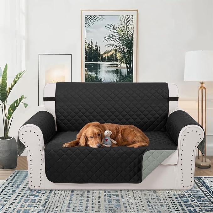 Reversible 45" Small Loveseat Sofa Covers, Black/Grey | Loveseat Covers for Dogs Water Repellent, Friendly Furniture Protector with Elastic Straps for Living Room - Image 2