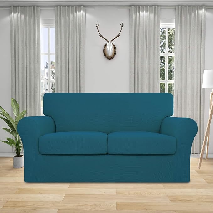 Easy-Going 3 Pieces Stretch Couch Cover Sofa Cover for Dogs Washable Sofa Slipcover for 2 Separate Cushion Couch Spandex Jacquard Fabric Elastic Furniture Protector for Pets (Peacock Blue, Loveseat) - Image 2