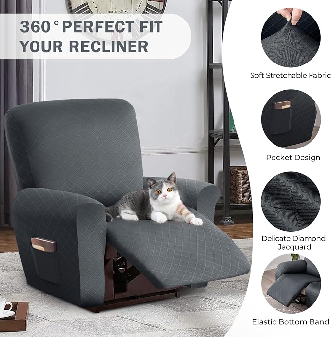 vctops Diamond Recliner Cover 4-Pieces Recliner Stretch Sofa Slipcover 1 Seater Couch Protector Soft Solid Furniture Protector Covers with Elastic Strap (Grey,1 Seat) - Image 4