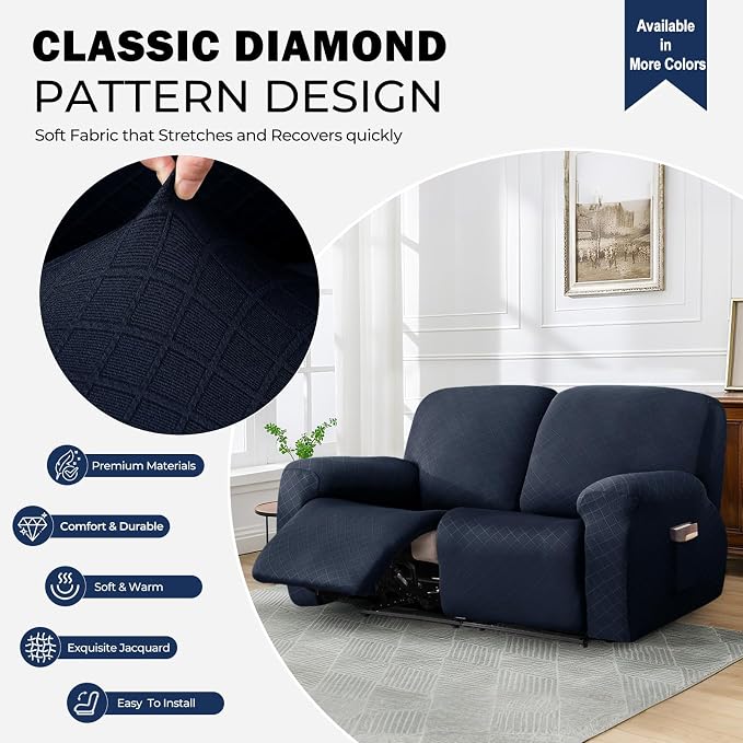 vctops Diamond Recliner Loveseat Slipcover 6-Pieces Stretch Dual Recliner Sofa Covers for 2 Seat Dual Reclining Loveseat Couch Soft Solid Furniture Protector (Navy,2 Seat) - Image 3