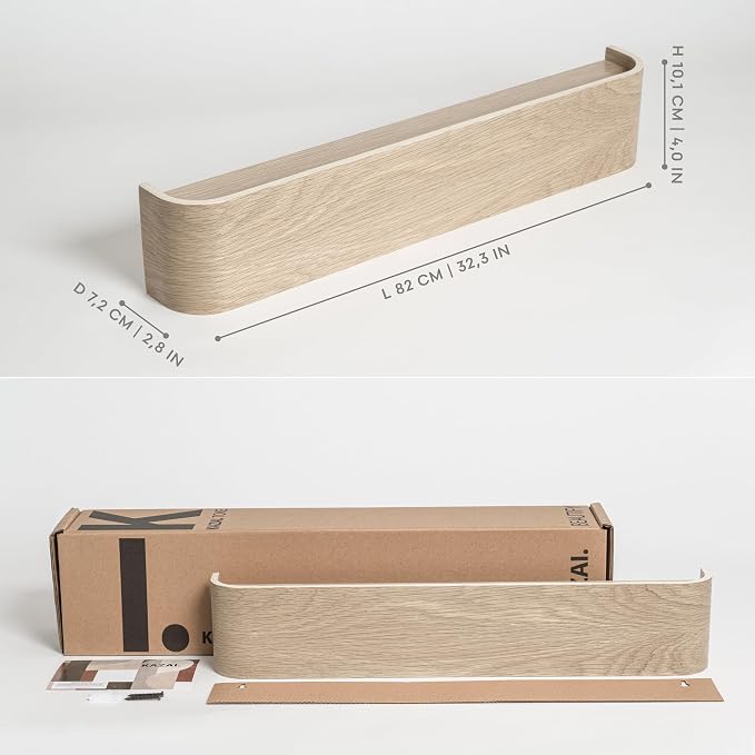 Kazai. Wall-Mounted Coat Rack 'Toke' - Modern Design Coat Rack with Hidden Wall Hooks - Solid Wood Veneer Panel Coat Hanger - Oak, White - Image 2