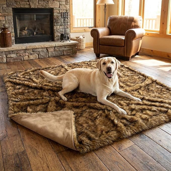 IHAPPYDOG Faux Fur Dog Blanket, Waterproof Couch Cover, Brown 80"x60" | Plush Sheepskin Style Pet Throw for Sofa, Bed, and Car, Washable Furniture Cover that Protects From Fur and Spills - Image 3