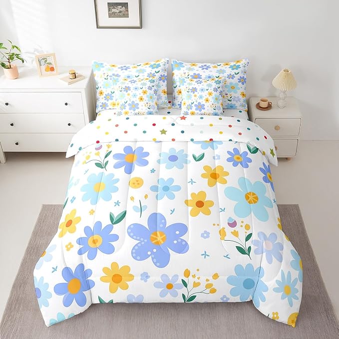 Feelyou Cute Flower 7 Piece Bedding Set Full Size Kids Cartoon Cute Floral Bed in a Bag for Girls Teens Blue Yellow Comforter Set with Sheets Kawaii Bed Set - Image 5
