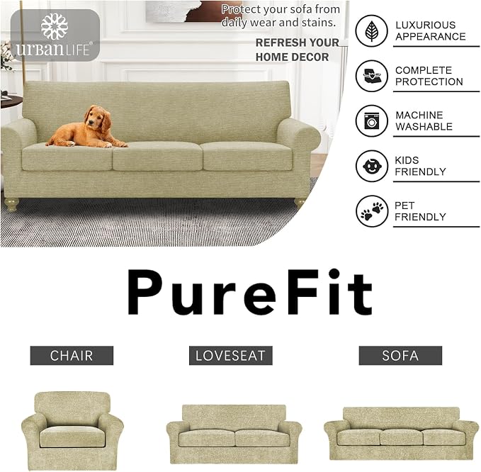 URBANLIFE 4-Piece Stretch Sofa Covers for 3 Cushion Couch, Coffee | Super fitted spandex slipcovers for couches. Non-slip elastic bottom. Machine washable furniture protector for kids & pets. - Image 7