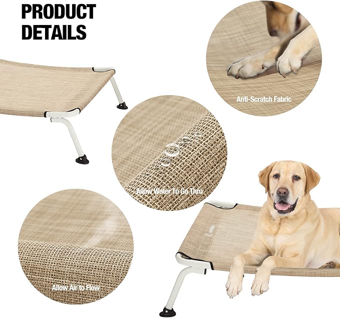 Veehoo Elevated Dog Bed for Outdoor, Cooling Waterproof Raised Dog Cots Beds for Large Dogs, Curved Off Ground Pet Hammock Cot Lifted for Outside, up to 85lbs, White Legs, Beige 42"