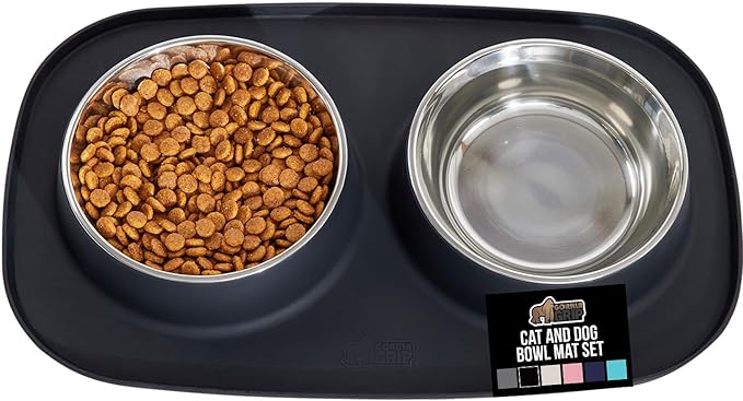 GORILLA GRIP Dog Bowl Set with Slip Resistant Silicone Feeding Mat, Food Grade 304 Stainless Steel Bowls, BPA Free, High Edge Spill Containment, Dishwasher Safe, Finger Notch Removal, 2 Cup, Black by Unknown
