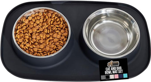 GORILLA GRIP Dog Bowl Set with Slip Resistant Silicone Feeding Mat, Food Grade 304 Stainless Steel Bowls, BPA Free, High Edge Spill Containment, Dishwasher Safe, Finger Notch Removal, 2 Cup, Black by Unknown