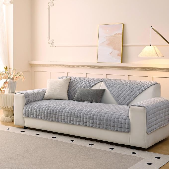 Plush Couch Cover for Dogs Washable, Non Slip Sofa Covers for Pets, Sectional Cushion Protector for 3-4 Cushion L Shape Sofa (36"x94", Light Grey) - Image 3