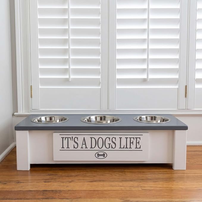 3 Bowl Dog Feeding Station, Personalized Triple Bowl Food Stand Small Dogs | Farmhouse Style, Elevated Wood Stand, Storage Container, Stainless Steel Bowls, Raised Feeder, Small Breed, Made in USA - Image 2