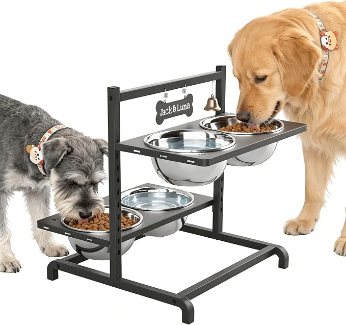 ADENGL Elevated Dog Bowl Stand with 4 Stainless Steel Bowls (1700ml/58oz) – 9 Height Adjustable Raised Pet Feeder from 4.9" to 14.5" for Large Dogs & Multi-Pet Homes, with Bone Name Tag by ADENGL