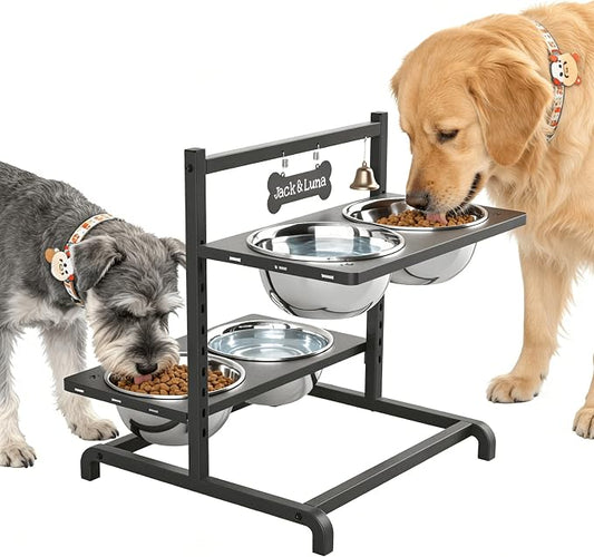 ADENGL Elevated Dog Bowl Stand with 4 Stainless Steel Bowls (1700ml/58oz) – 9 Height Adjustable Raised Pet Feeder from 4.9" to 14.5" for Large Dogs & Multi-Pet Homes, with Bone Name Tag by ADENGL
