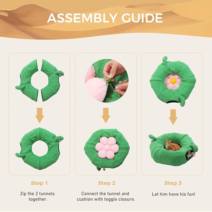 PEQULTI Cat Tunnel with Bed for Indoor Cats, Cat Play Donut Tunnel with Washable Soft Plush Flower Mat, Round Tube Toys Cute Tube for Kittens, Puppies, Rabbits and Ferrets, Green&Pink - Image 6