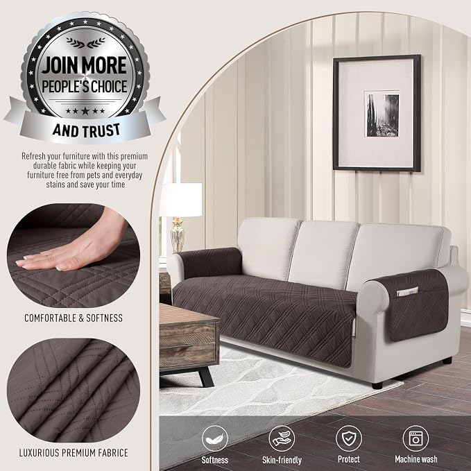 TAOCOCO Waterproof Sofa Covers for Dogs Pets with Non Slip Backing, Couch Seat Covers with Side Pocket for 3 Cushion Couch Washable Dog Couch Cover Protector Sofa Slipcovers(Sofa, Chocolate) - Image 2