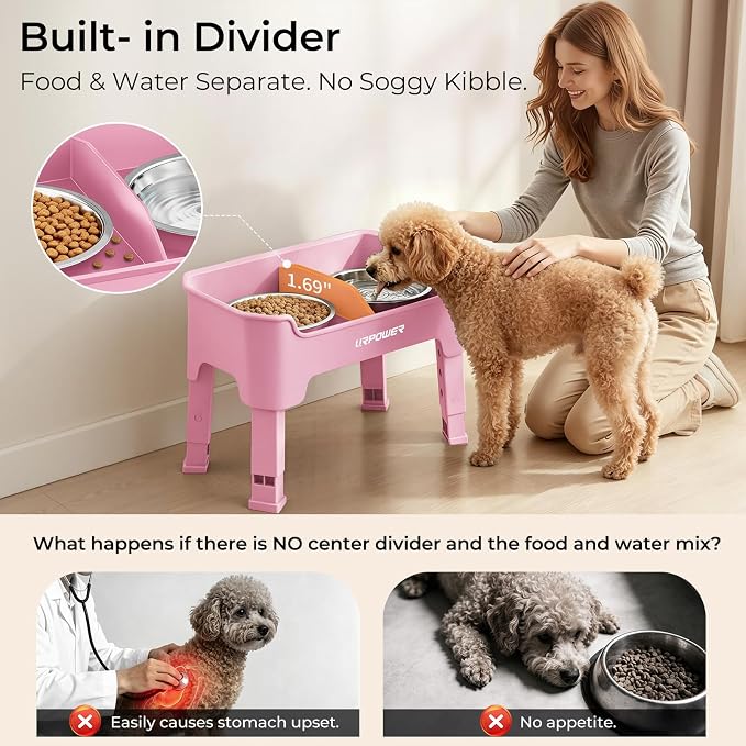 URPOWER Mess Proof Elevated Dog Bowls for Small Dogs with Splash Guard | 4 Height Adjustable Raised Stand with 2 Stainless Steel Food Bowls & Licking Plate for Small, Medium & Large Dogs - Image 5