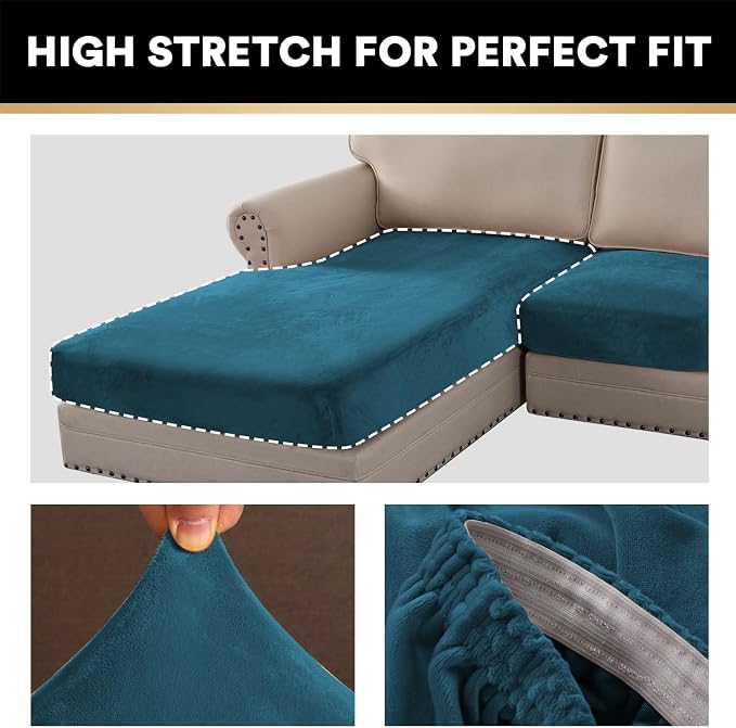 PrinceDeco Sectional Couch Cover 4 Pieces Couch Covers for Sofa Velvet Separate SlipCovers L Shape for Left/Right Chaise Sectional Couch(3 Seater + 1 Chaise,Deep Teal) - Image 5