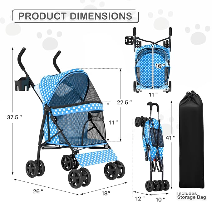 MoNiBloom 4 Wheels Pet Stroller, Easy-Fold Umbrella Shaped Dog Cat Jogger Stroller w/Storage Bag & Visible Mesh for Small/Medium Dogs Cats Sky Blue Polka Dots