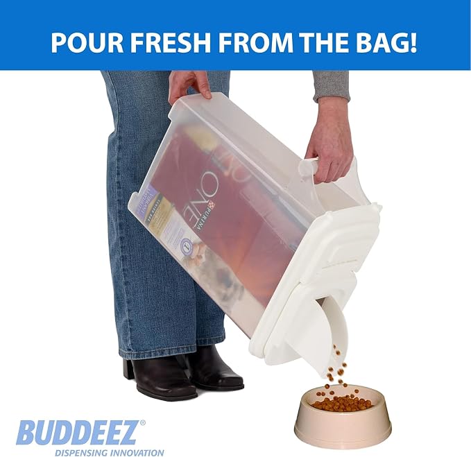 Buddeez Pet Food Storage Container - 16 LB Capacity Dog Food Storage Container, Cat Food Container, Bird Seed Storage Container with Durable EZ Grip Handle and EZ Flip Lid with Pour Spout (White Lid) - Image 3