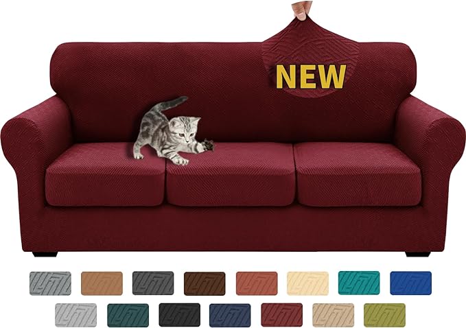 XINEAGE 2026 New 4 Pieces Couch Covers for 3 Cushion Couch Super Stretch Thick Soft Sofa Cover Anti Slip Sofa Slipcover Dogs Cats Furniture Protector (Wine Red, 71"-91") by XINEAGE