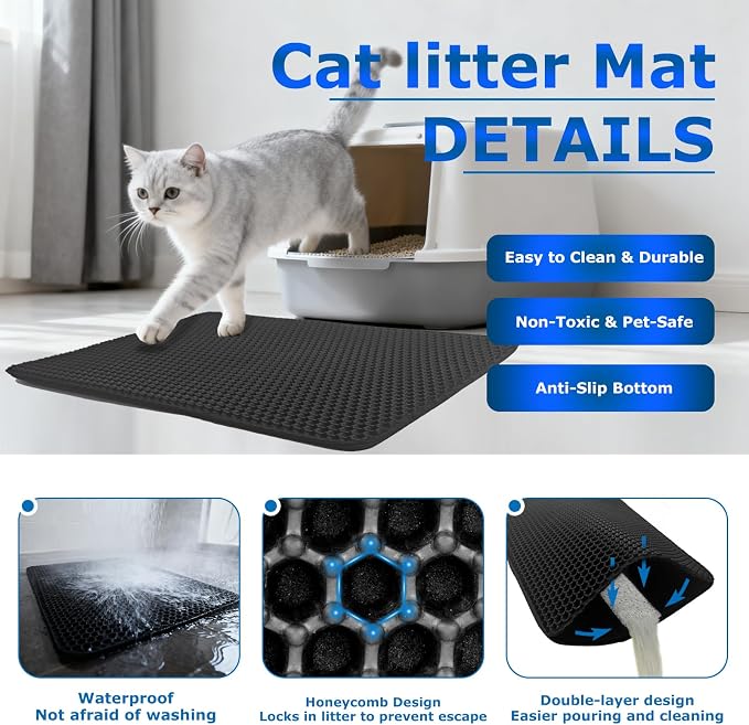Cat Litter Box Mat Double Layer Trapping Mat Easy-Clean Waterproof Urine Proof(Black 35x24in) - Image 2
