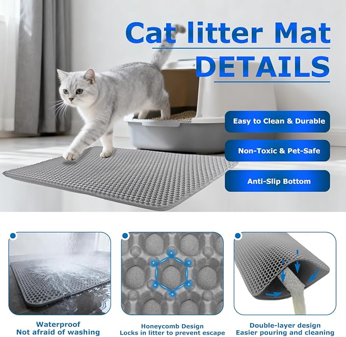 Cat Litter Box Mat Double Layer Trapping Mat Easy-Clean Waterproof Urine Proof(Gray 35x24in) - Image 2