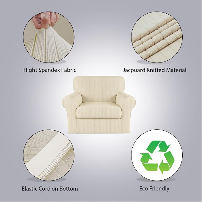 Armchair Cover Stretching Skid Resistance Couch Cover for Pets Washable, Thick and Durable Soft High Spandex Striped Pattern Sofa Covers, Form Fitted Chair Slipcover(Armchair, Ivory) - Image 2