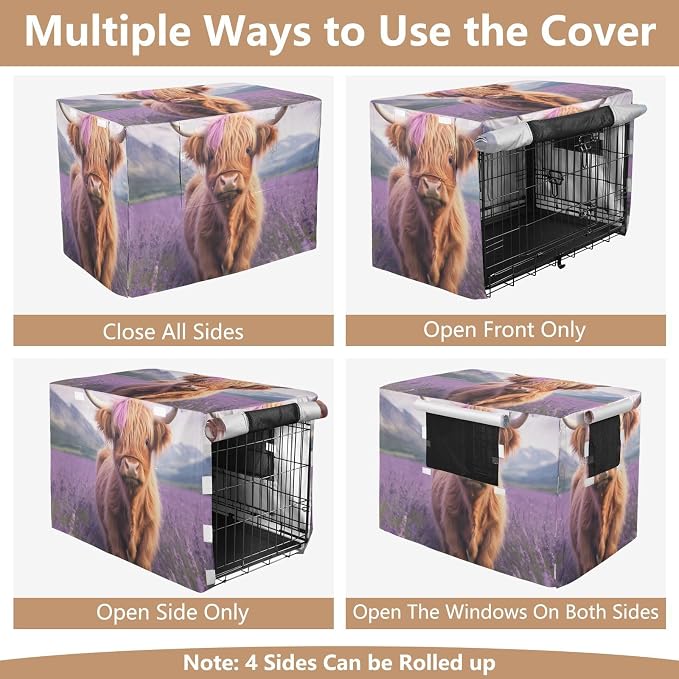 Dog Crate Covers Cute Highland Cow Purple Wind-Resistant, Washable Cage Cover for Indoor Pets Large - Image 5