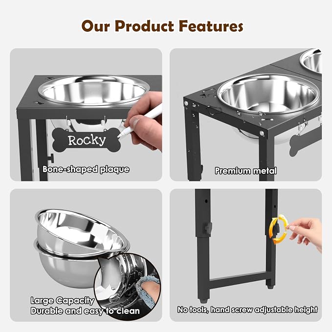 SHAINFUN Elevated Dog Bowls for Large Dogs, 3 Height Adjustable，Raised Tall Dog Food Water Bowl Stand with Two 101oz Bowls - Image 4