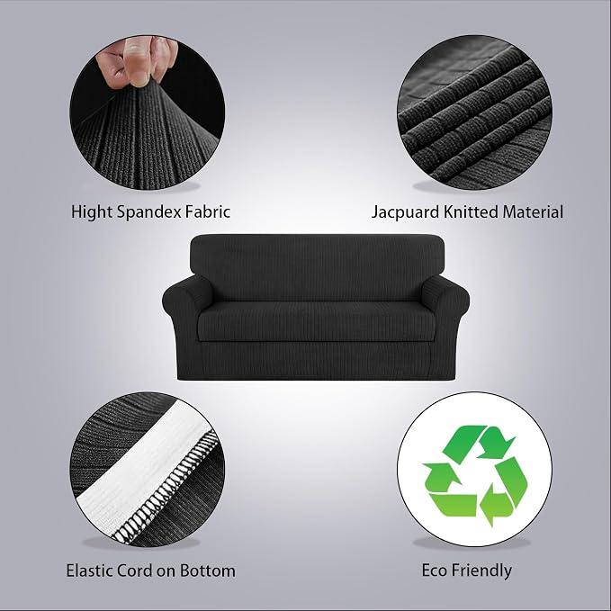 Sofa Cover Stretching Skid Resistance Couch Cover for Pets Washable, Thick and Durable Soft High Spandex Striped Pattern Sofa Covers, Form Fitted Sofa Slipcover(Sofa, Black) - Image 2