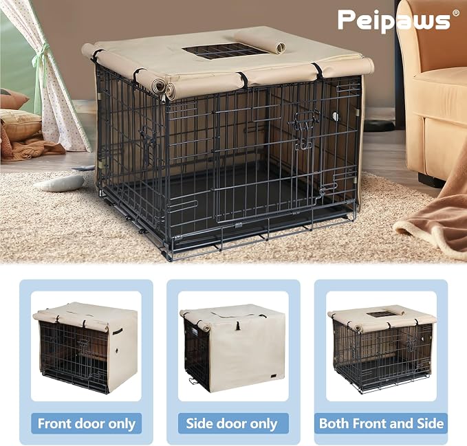 Dog Crate Cover Heavy Duty Oxford Fabric for 24-Inch Wire Crates | Beige Kennel Cover Only, Fits 1 & 2 Door Wire Cages, Provides Privacy & Comfort Space, Includes Water Bottle Sipper Tube - Image 3