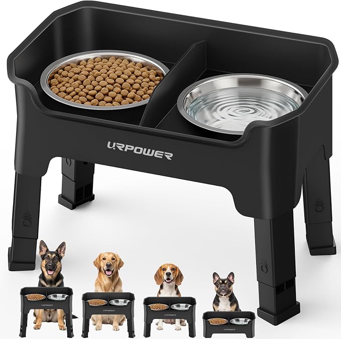 URPOWER Mess Proof Elevated Dog Bowls, Splash Guard Raised Bowl Stand | 4 Height Adjustable Raised Stand with 2 Stainless Steel Food Bowls & Licking Plate for Small, Medium & Large Dogs by URPOWER