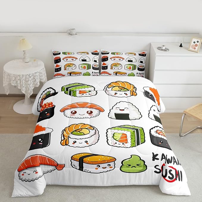 Erosebridal Sushi Pattern Comforter Set Full, Japanese Style Down Comforter, Food Theme Quilted Duvet for Kids Boys Girls Teens, Cute Cartoon Japanese Sushi Quilt Set Room Decorative by Erosebridal