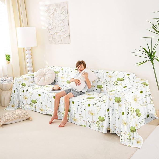 Erosebridal Watercolor Floral Couch Cover Olive Green Beige Flower Sofa Cover Modern Minimalist White Couch Protector 71" X 102" Rustic Farmhouse Washable Non Slip Sofa Protector For Couches And Sofas - Image 4