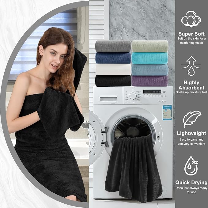 8 Piece Bath Towel Set Black|2 Oversized Large Bath Sheet,2 Hand Towels,4 Washcloths| Ultra Soft Cozy Bath Towel Set for Bathroom Hotel Gym Spa,Highly Absorbent & Quick Dry Bathroom Towel Collections - Image 8