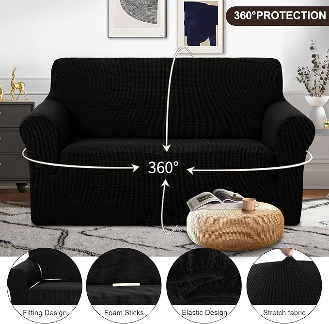 U-NICE HOME Loveseat Cover Stretch Couch Cover Sofa Slipcover, Black | 2 Cushion Sofa, 1-Piece Sofa cover, Washable, Pet friendly, Furniture protector, Polyester Spandex Jacquard fabric - Image 3