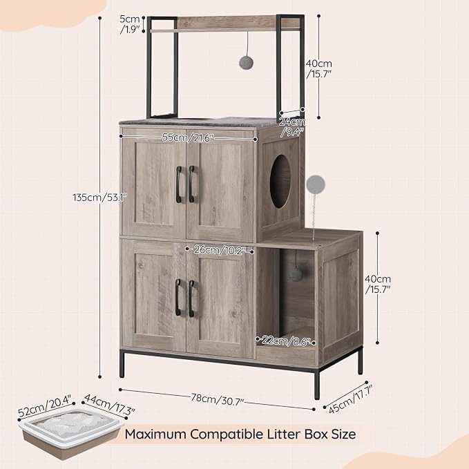 HOOBRO Cat Litter Box Enclosure Furniture, 2 in 1 Hidden Litter Box Furniture with Shelf, Double Litter Box Cabinet with 2 Dangling Plush Balls and 1 Toy Ball, Greige and Black BG78MW01 - Image 4